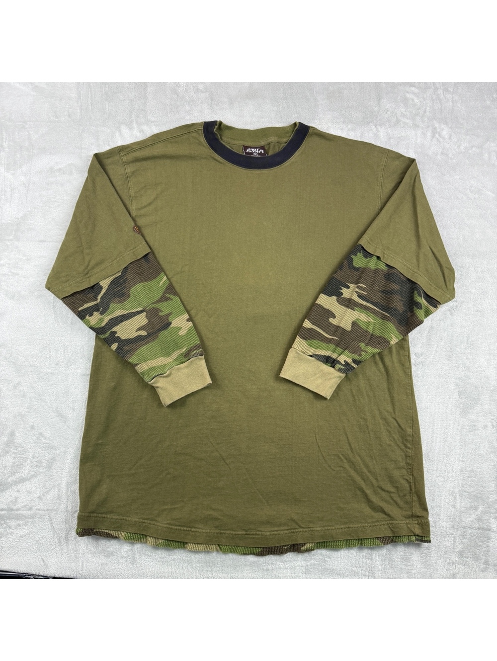 Y2K ESMX Men 2XL Green Thermal Camo Layered T-Shirt Double Sleeve Skater Vintage
